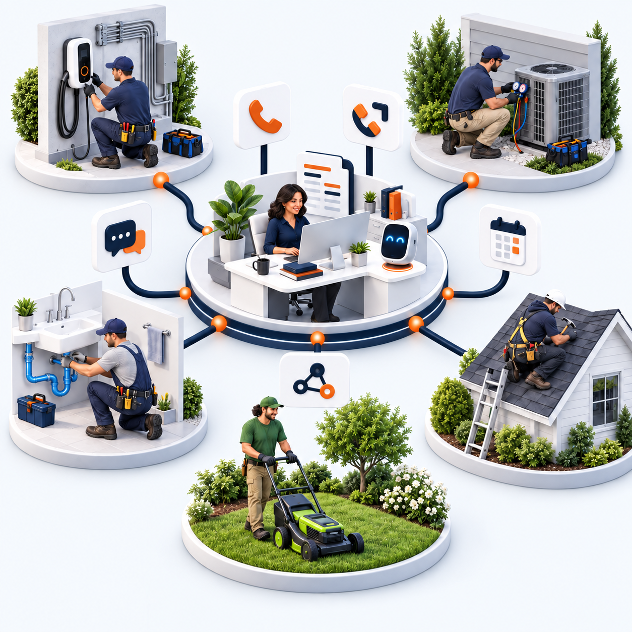Concept illustration of five trades connected to an office, bookkeeping, AI phone answering, callbacks and SMS